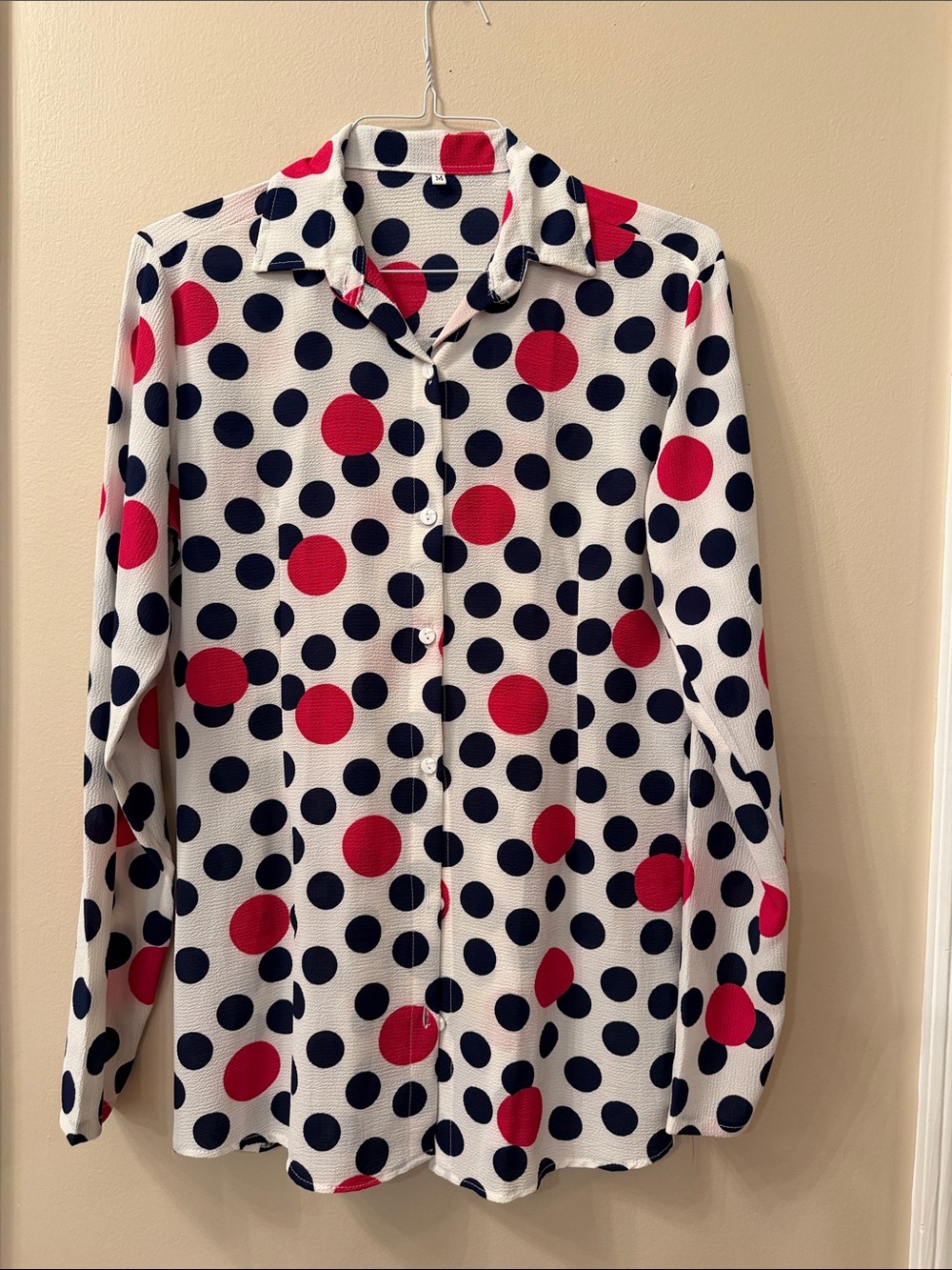 Polka Dot Button-Up Shirt in White with Black and Red Dots